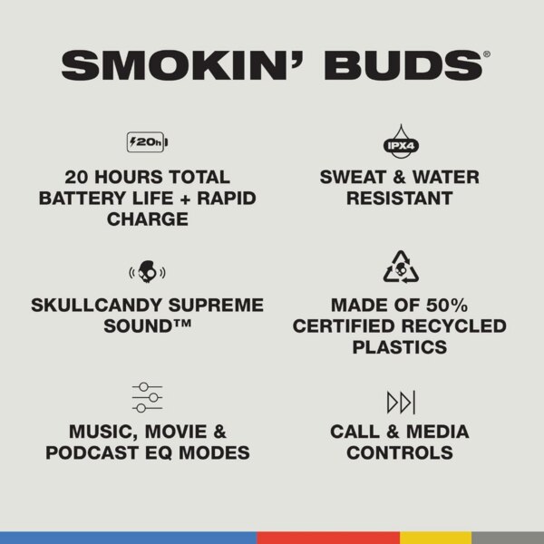 Info about Smokin' Buds, 20hr battery with a rapid charge, sweat and water resistant, skillcandy supreme sound, made of 50% certified recycled material, multiple EQ modes, call and media controls.